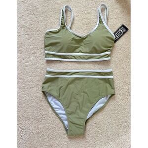 BMJL Bikini Set Olive‎ Green White Trim High Waist Swimsuit Size M